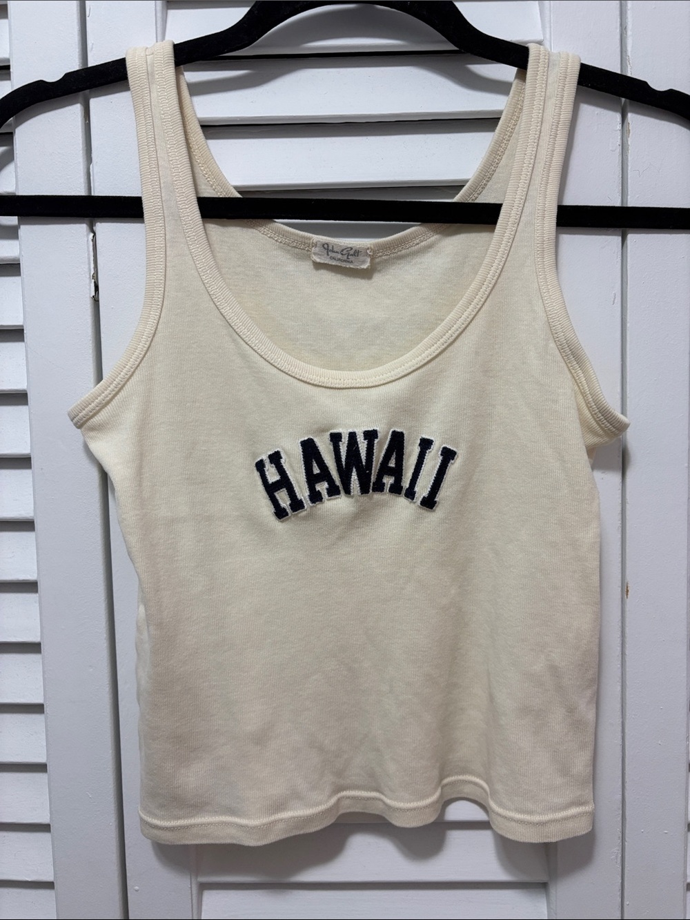 Brandy Melville Cream Tank Top with Navy 'HAWAII' Embroidery